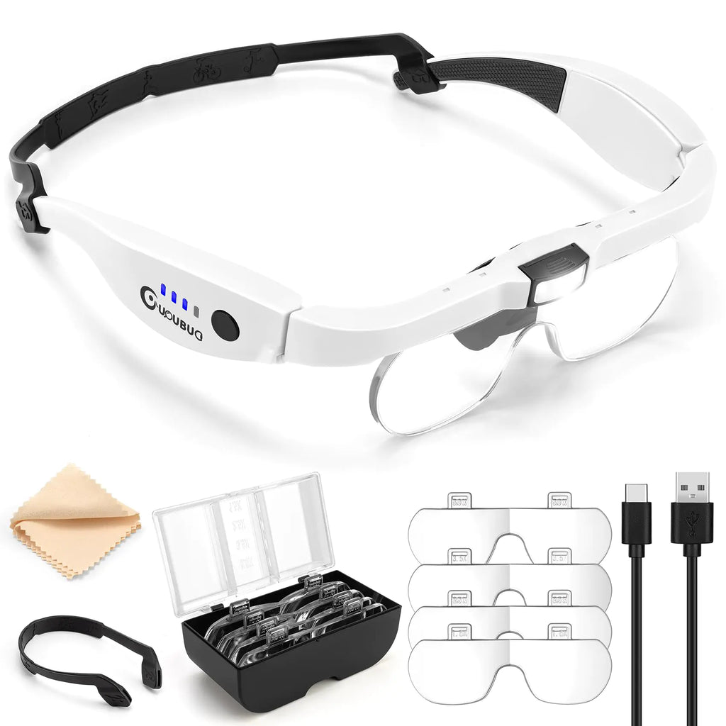 GUOUBUO Magnifying Glass with Light 1.5X-5.0X Magnifying Glasses Rechargeable Magnifying Headset with Light Head Magnifier with 4 Detachable Lenses Magnifying Glasses for Close Work Crafts Jewelry