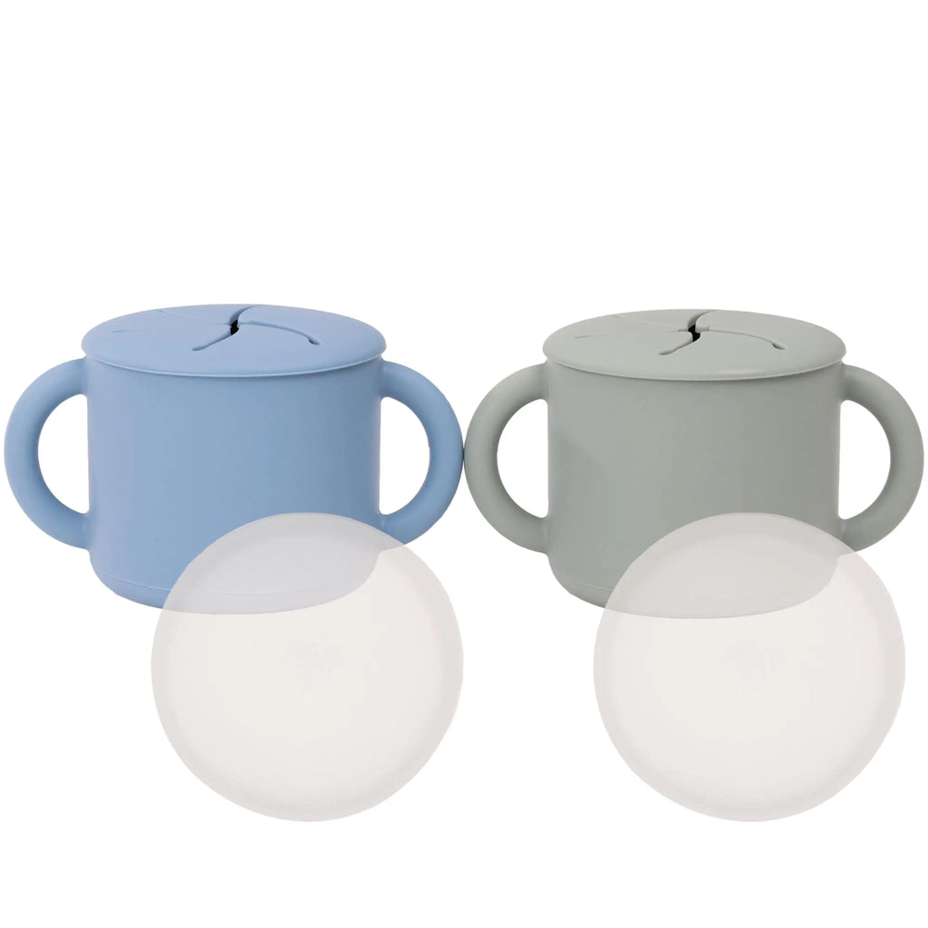 WeeSprout Snack Containers Food Grade Silicone Cups Spill-Proof Tops For Toddlers and Babies Premium Hard Plastic Travel Lids Dishwasher Safe Set of 2 Snack Catchers